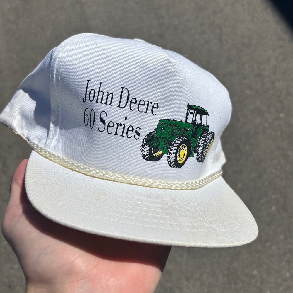 VINTAGE John Deere Hat Cap Mens Snap Back White Tractor Farm Gorpcore